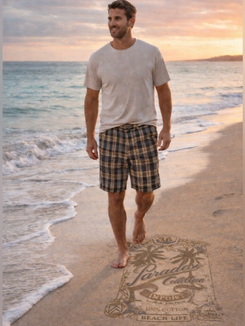 Men's Classic Plaid Flat Front Shorts - Black and Tan